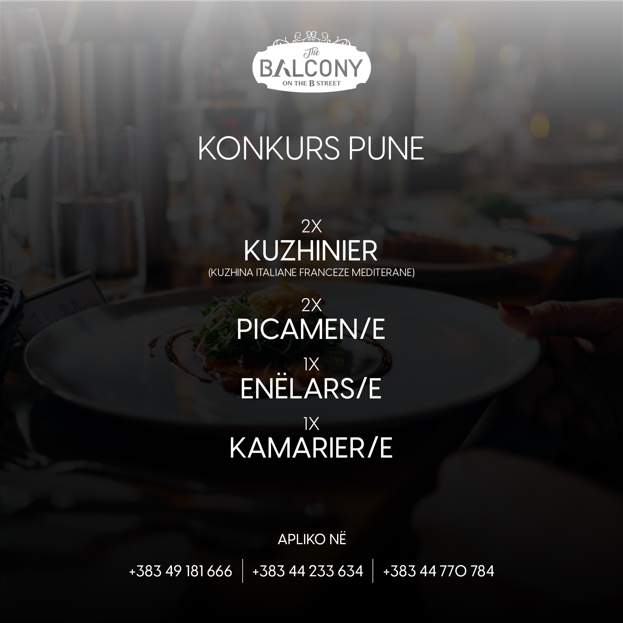 Kuzhinier/e (2), Picamen/e (2), Enelares/e (1), Kamarier/e (1)